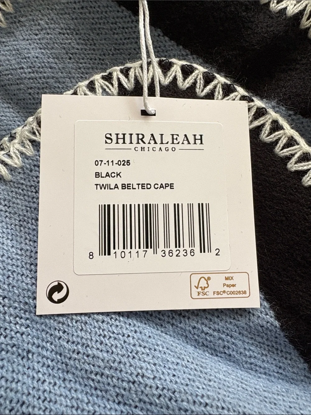 Shiraleah Twila Belted Cape Poncho Black Blue Stripe Stitch Detail